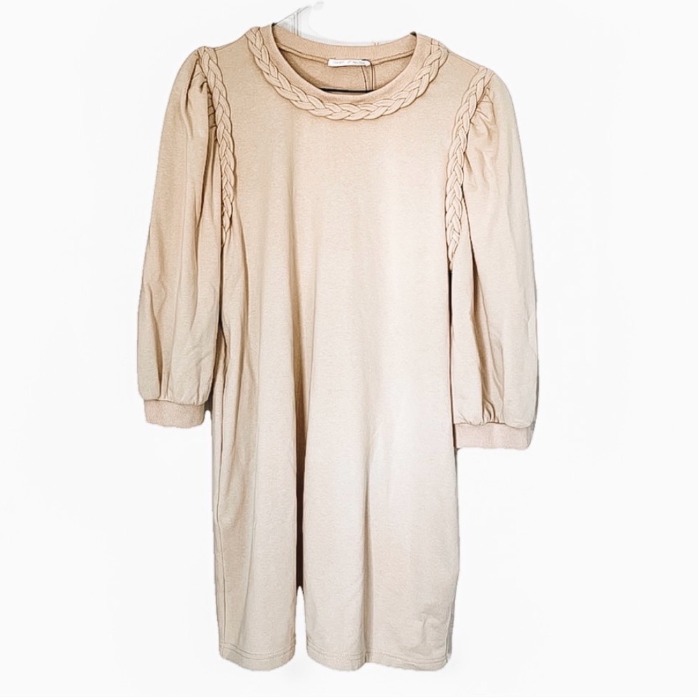Beige Braided-Trim Puff-Sleeve Crew Neck Dress Size Large Trendy With Pockets